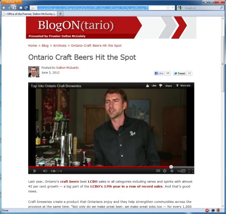 Ontario’s Premier Promotes Local Craft Beer in Blog Post